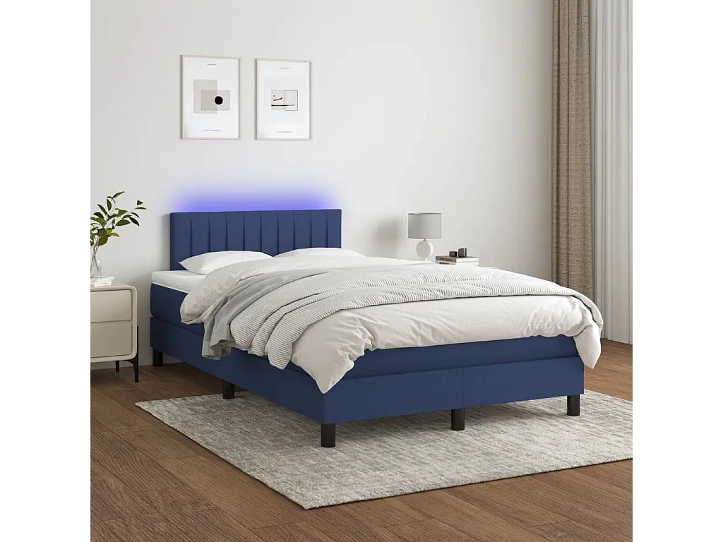 Sommier à lattes de lit matelas et LED bleu 120x190 cm tissu