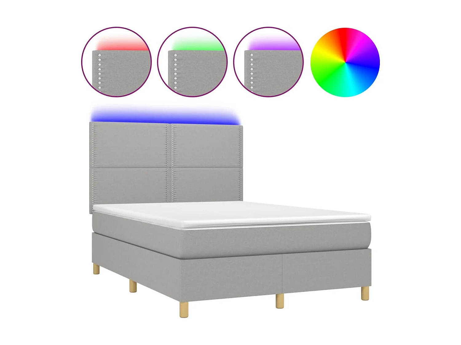 Cama box spring colchón y luces LED tela gris claro 140x190 cm