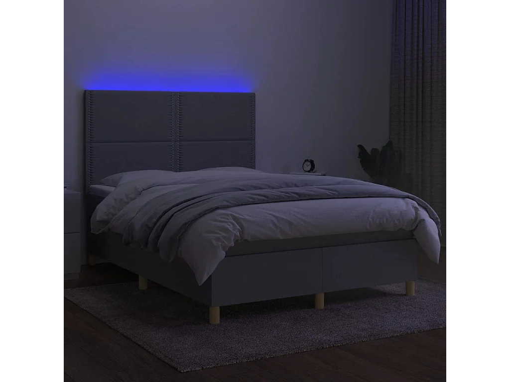 Cama box spring colchón y luces LED tela gris claro 140x190 cm