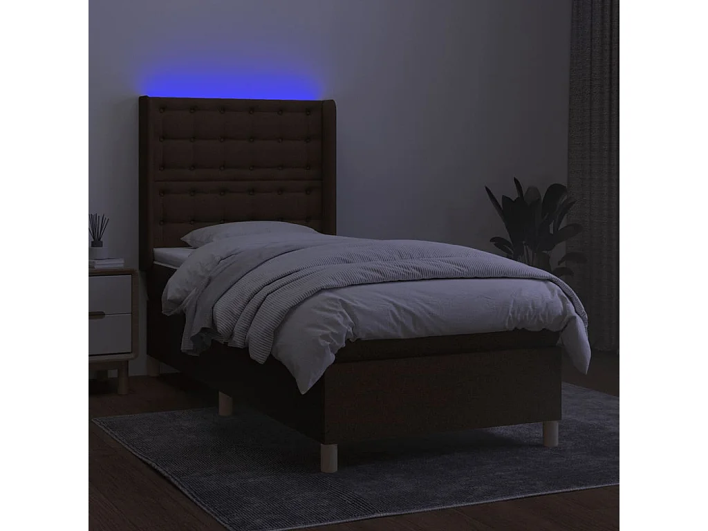 Cama box spring colchón y luces LED tela marrón oscuro 90x190cm