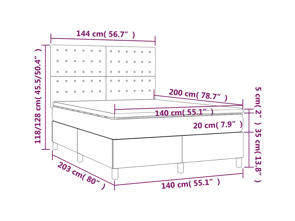 Cama box spring c/ colchão/LED 140x200 cm veludo preto
