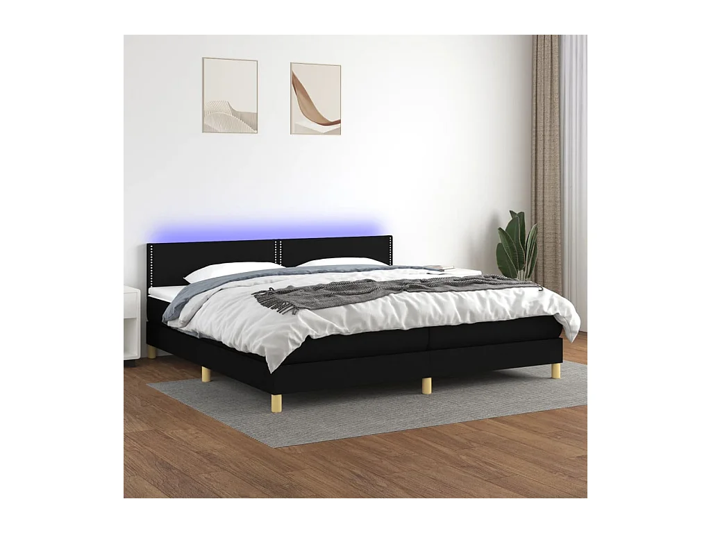 Cama box spring c/ colchão e LED 200x200 cm tecido preto