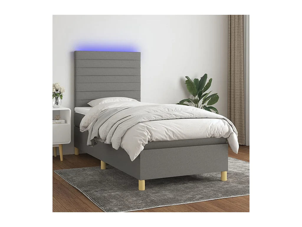 Cama box spring c/ colchão e LED 100x200 cm tecido cinza-escuro