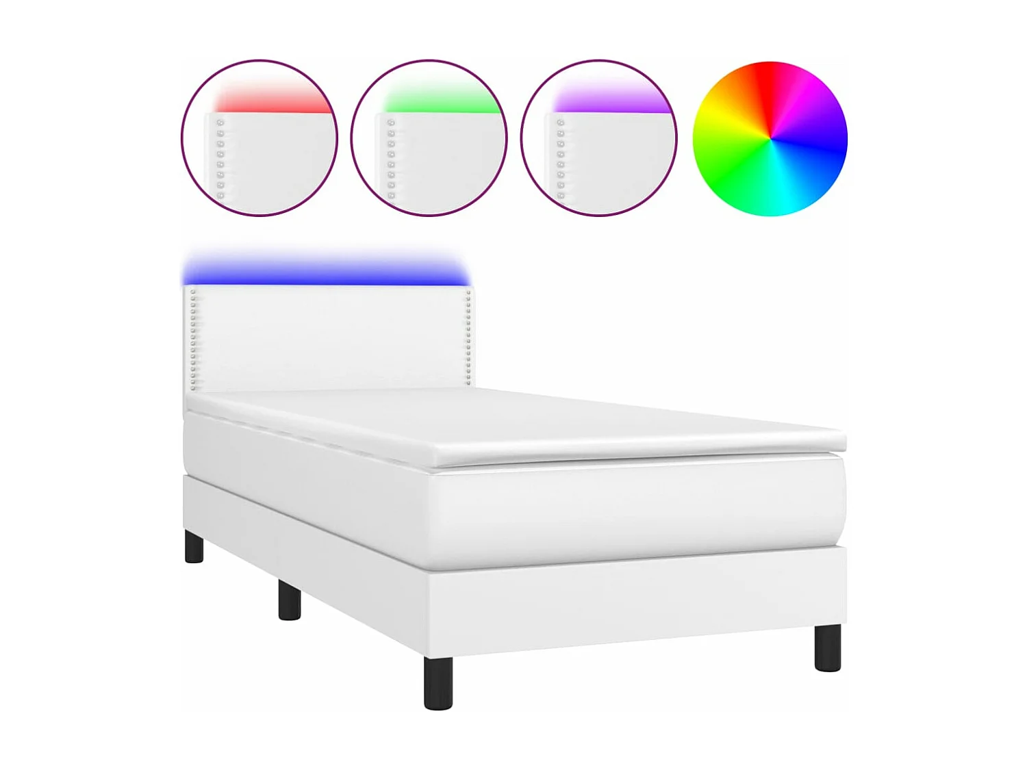 Cama box spring c/ colchão/LED 80x200cm couro artificial branco