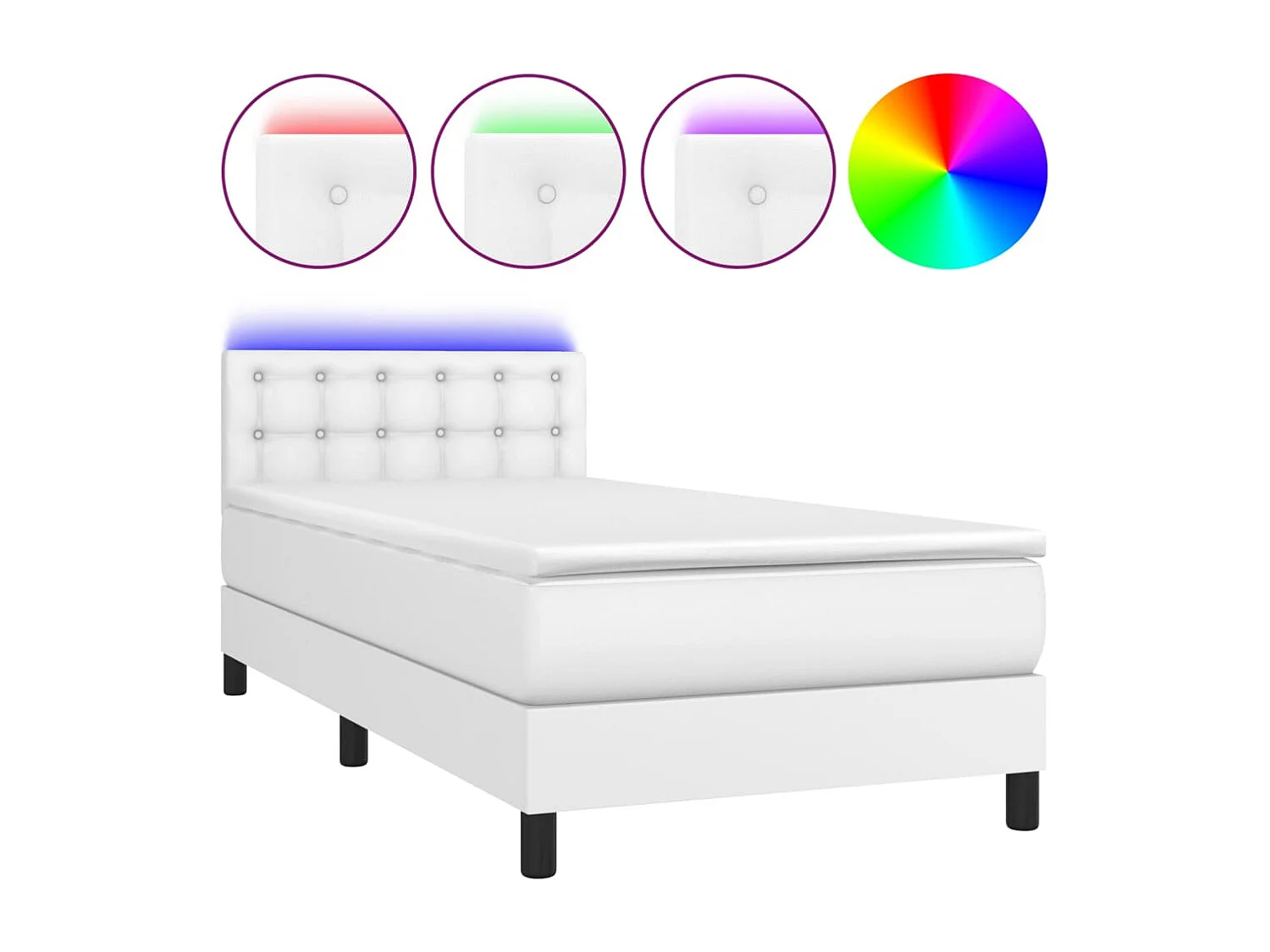 Cama box spring c/ colchão/LED 80x200cm couro artificial branco