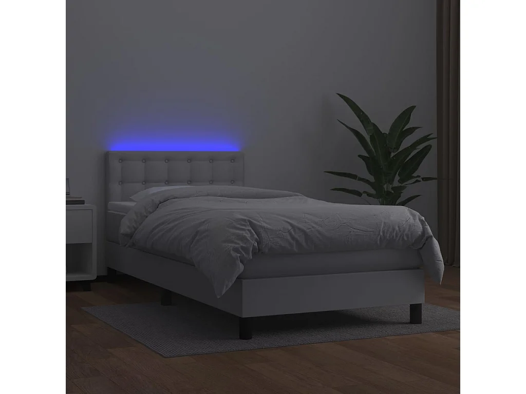 Cama box spring c/ colchão/LED 80x200cm couro artificial branco