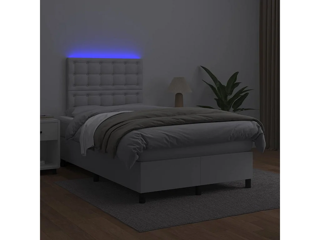 Cama box spring c/colchão/LED 120x190cm couro artificial branco