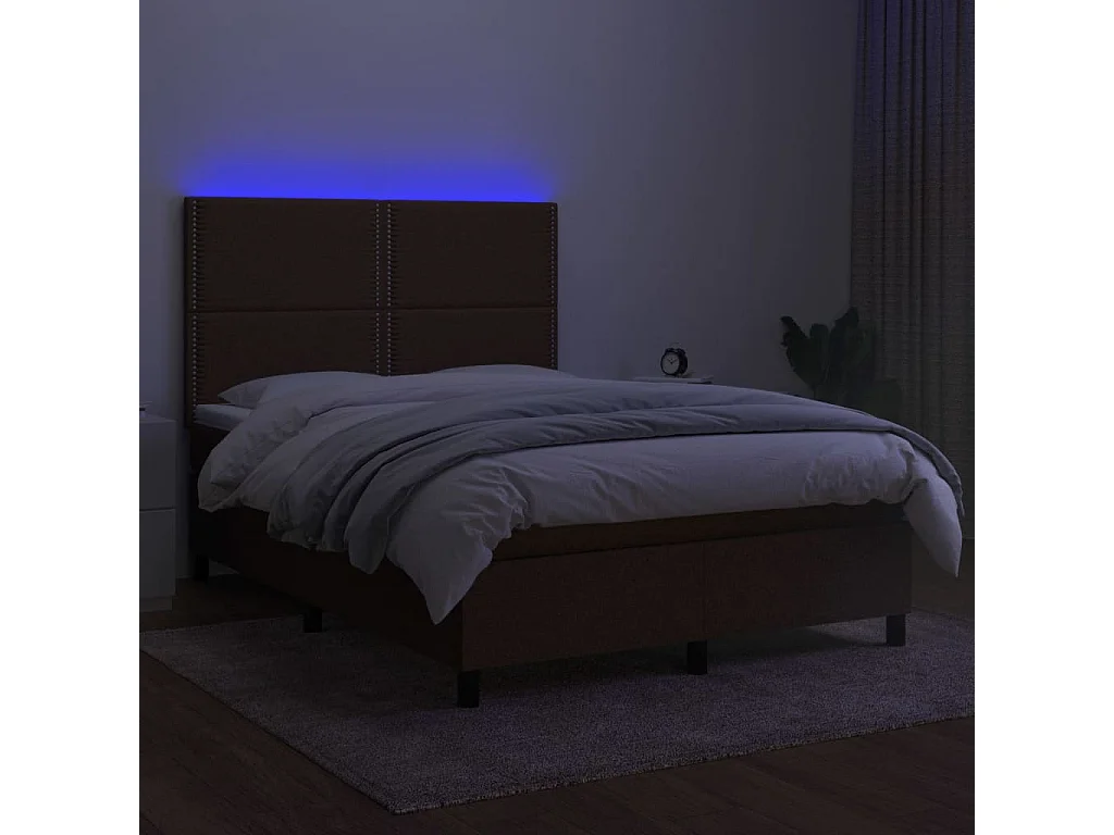 Cama box spring c/ colchão/LED 140x200cm tecido castanho-escuro