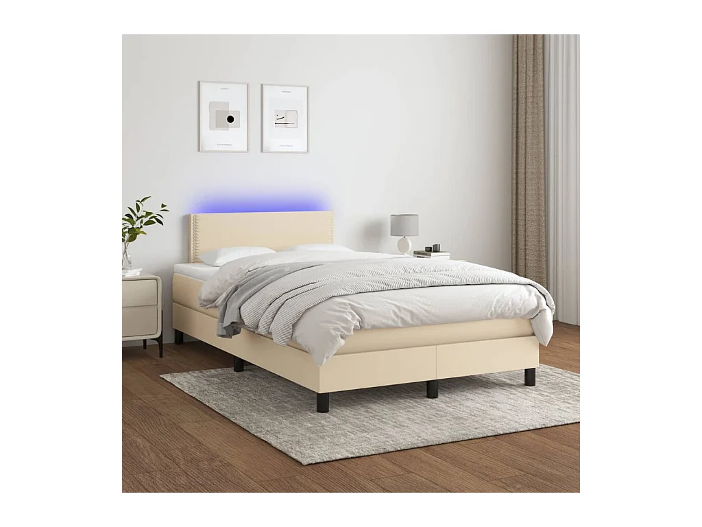 Cama box spring con colchón y LED tela crema 120x200 cm
