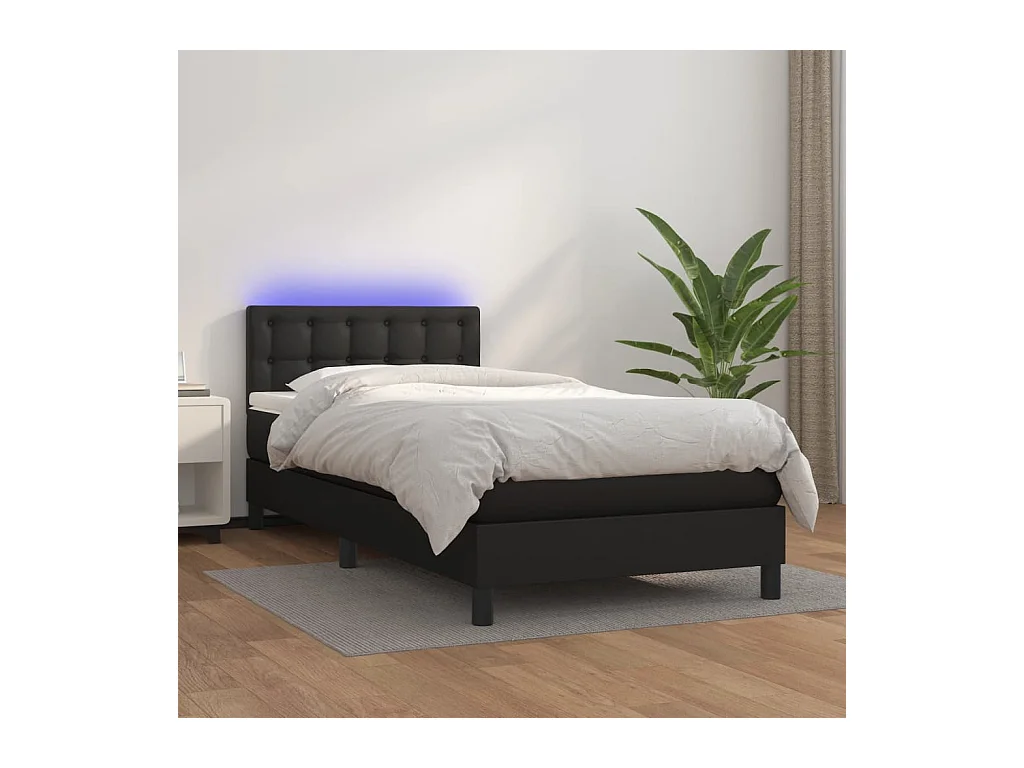 Cama box spring c/ colchão/LED 100x200cm couro artificial preto