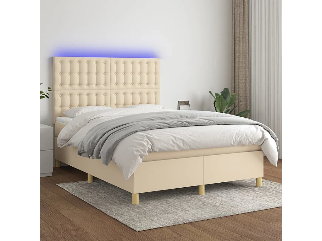 Sommier tapissier avec matelas et LED Crème 140x190 cm Tissu