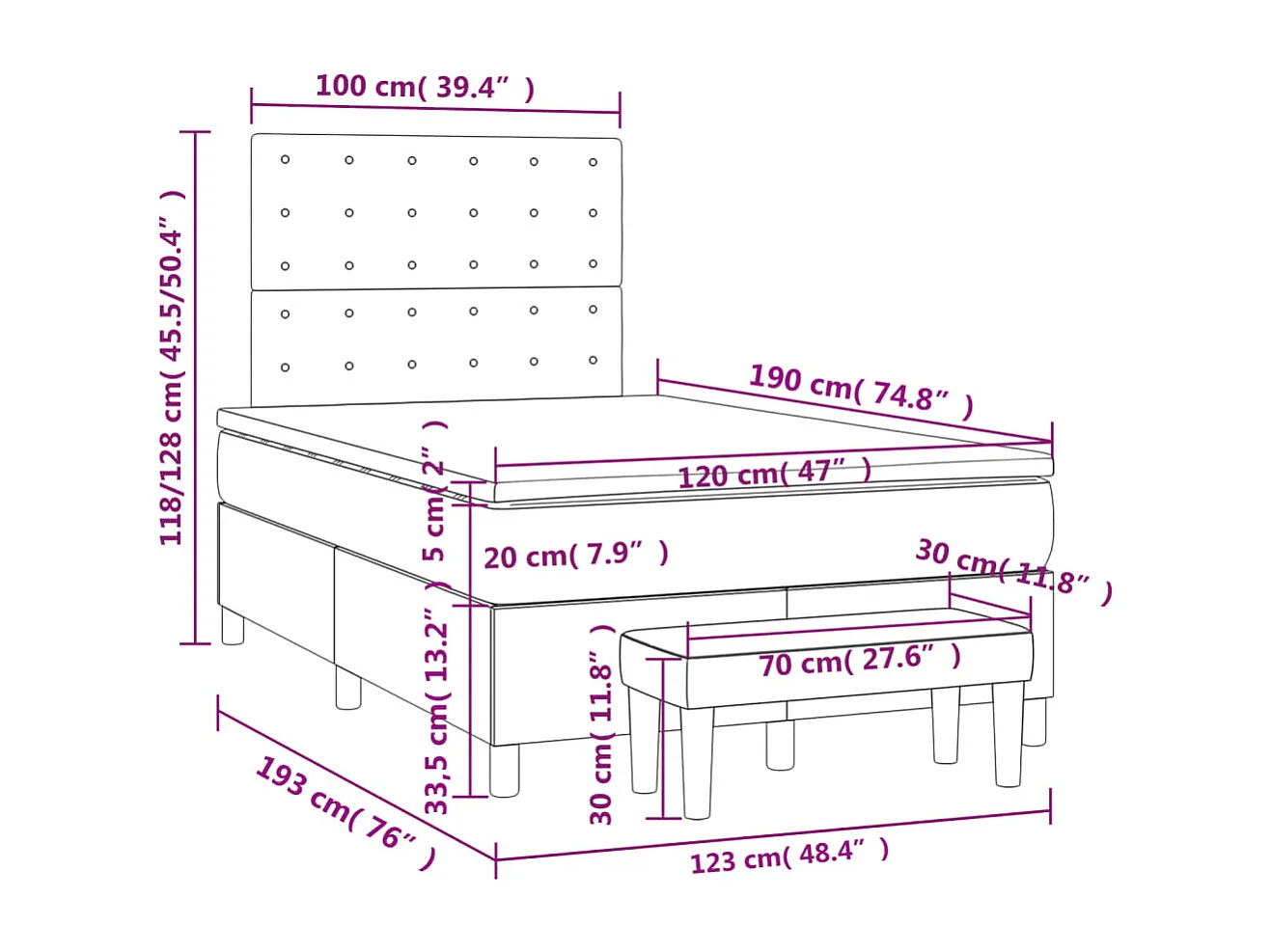 Cama boxspring com colchão 120x190 cm tecido cinzento-claro
