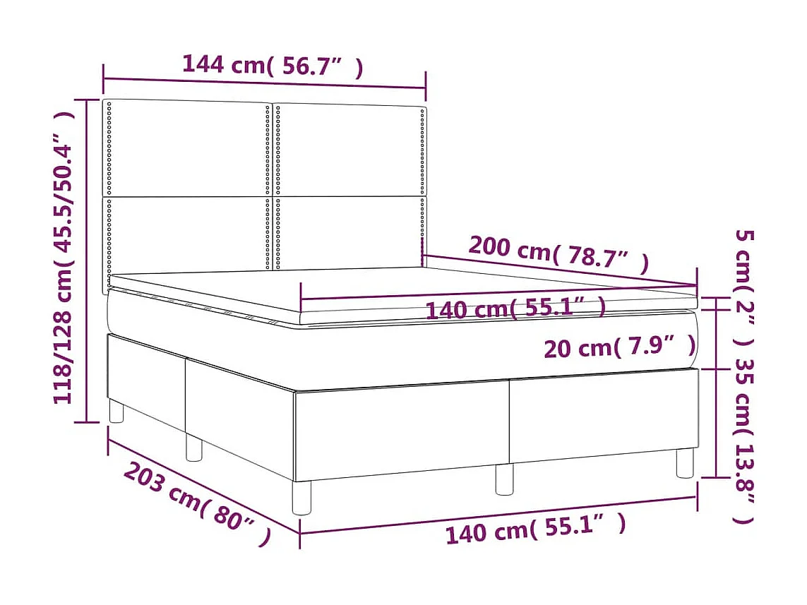 Sommier tapissier matelas et LED Marron foncé 140x200 cm Tissu