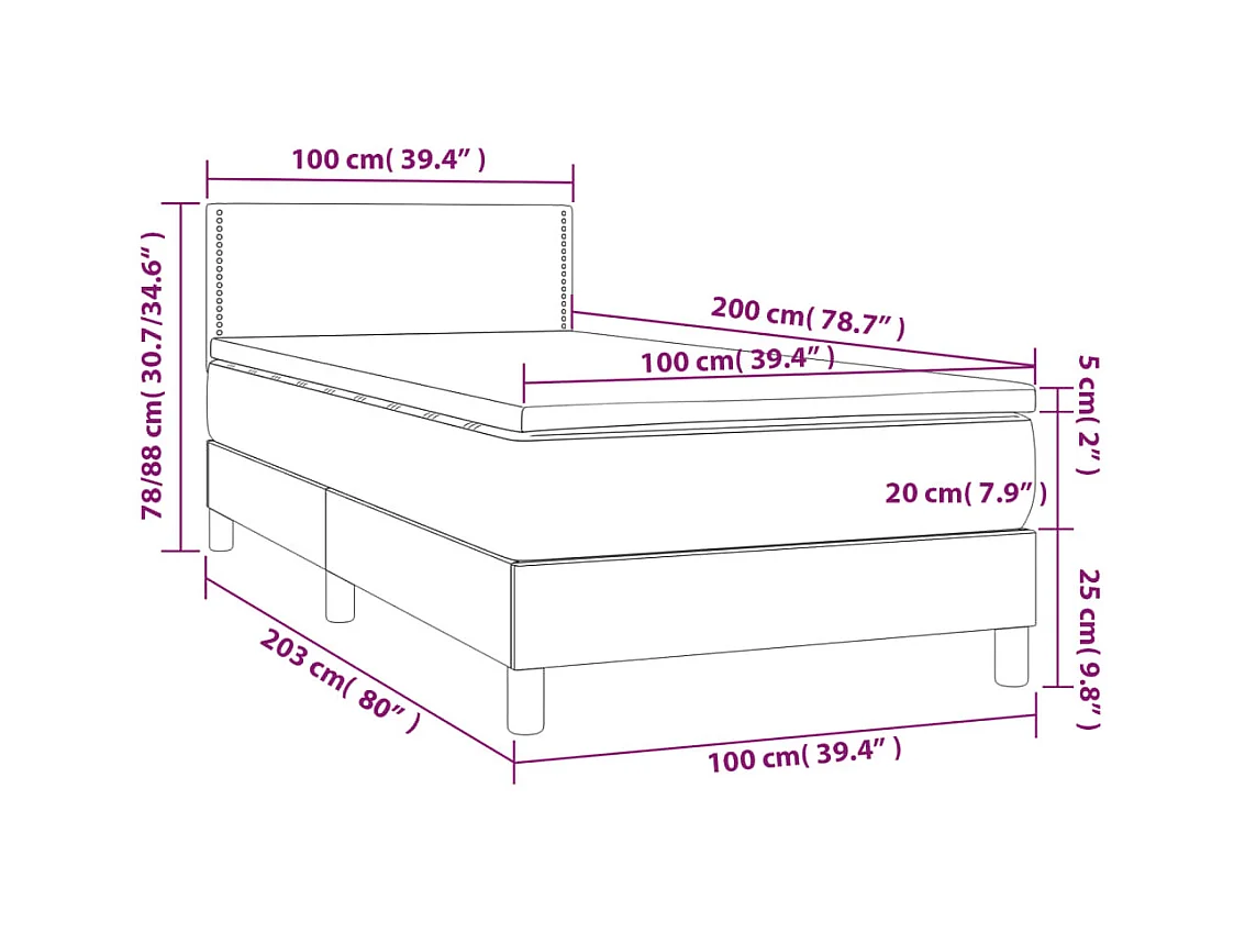 Cama box spring c/ colchão/LED 100x200 cm veludo azul-escuro