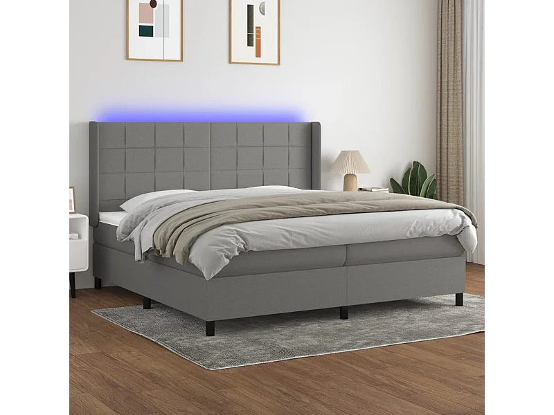 Cama box spring c/ colchão e LED 200x200 cm tecido cinza-escuro
