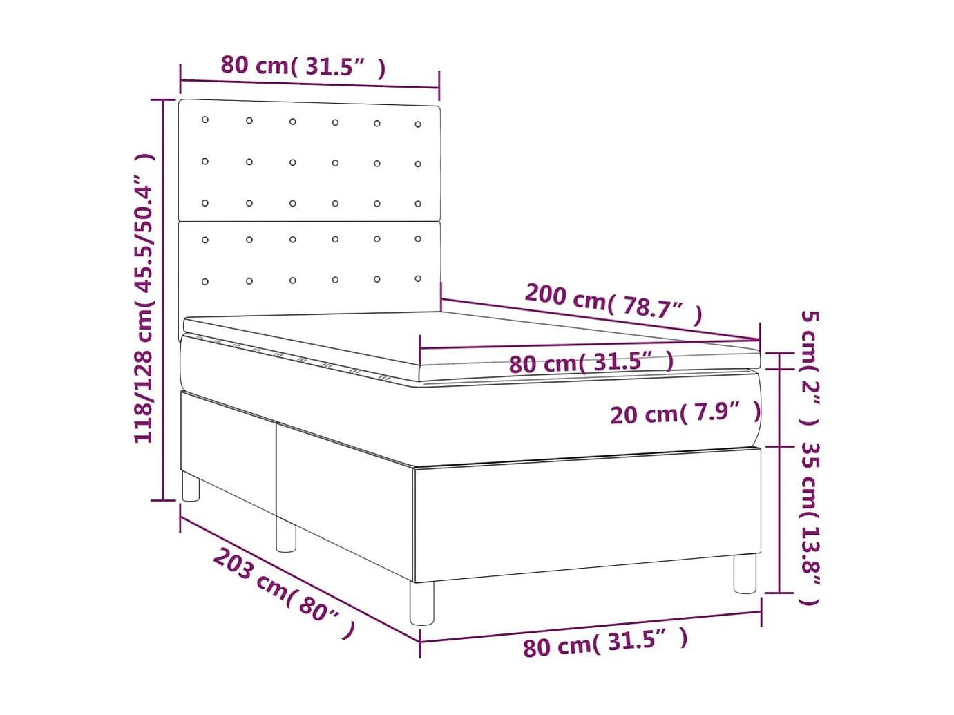 Cama box spring c/ colchão/LED 80x200 cm couro artificial cinza
