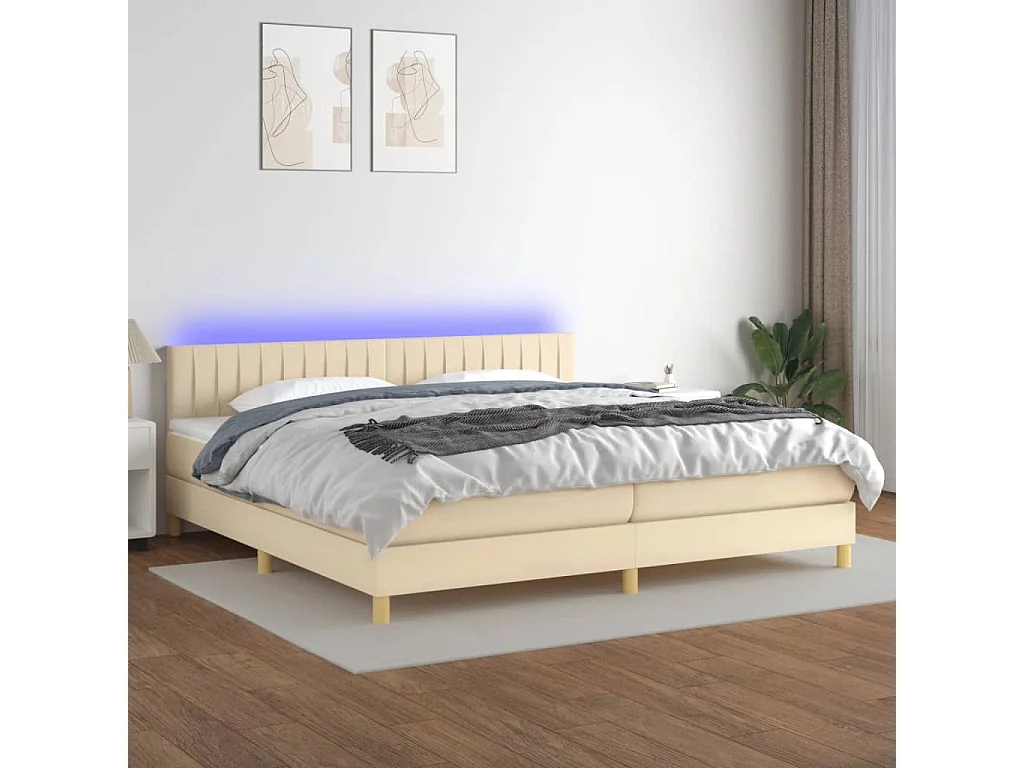Cama box spring con colchón y LED tela crema 200x200 cm