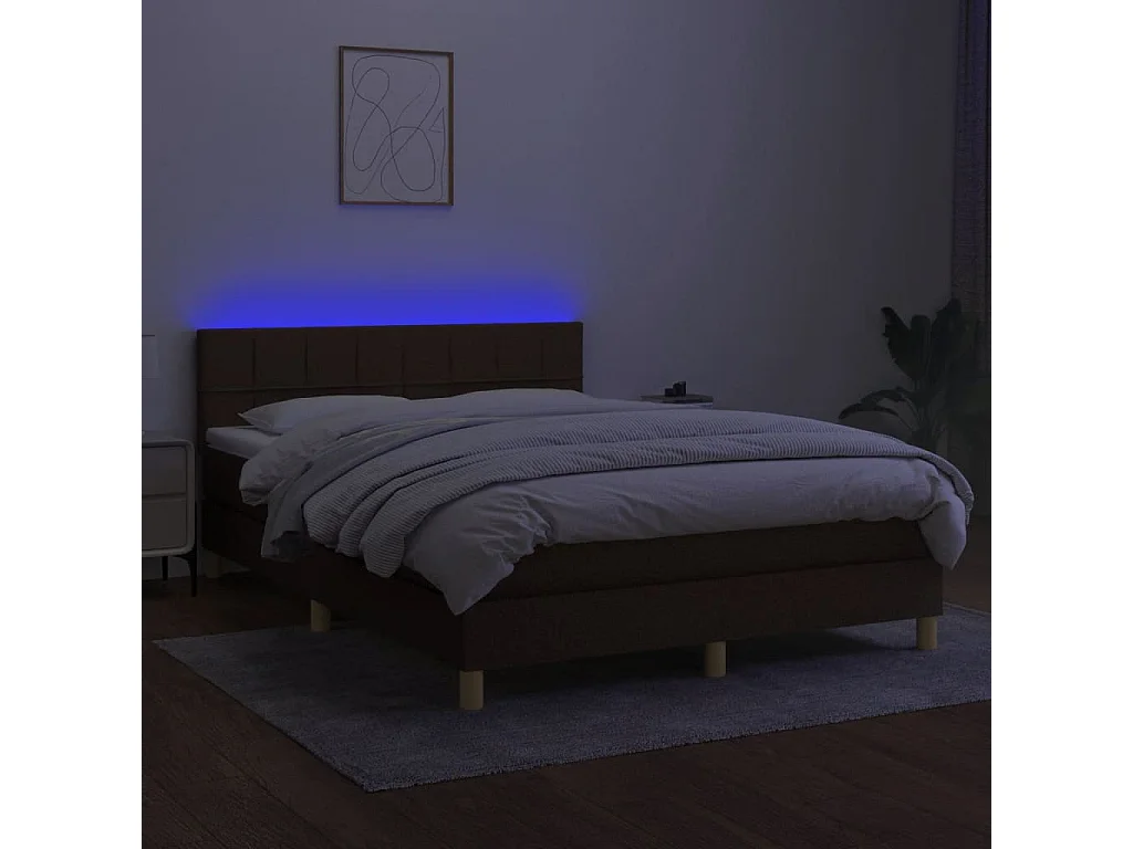 Cama box spring c/ colchão/LED 140x200cm tecido castanho-escuro