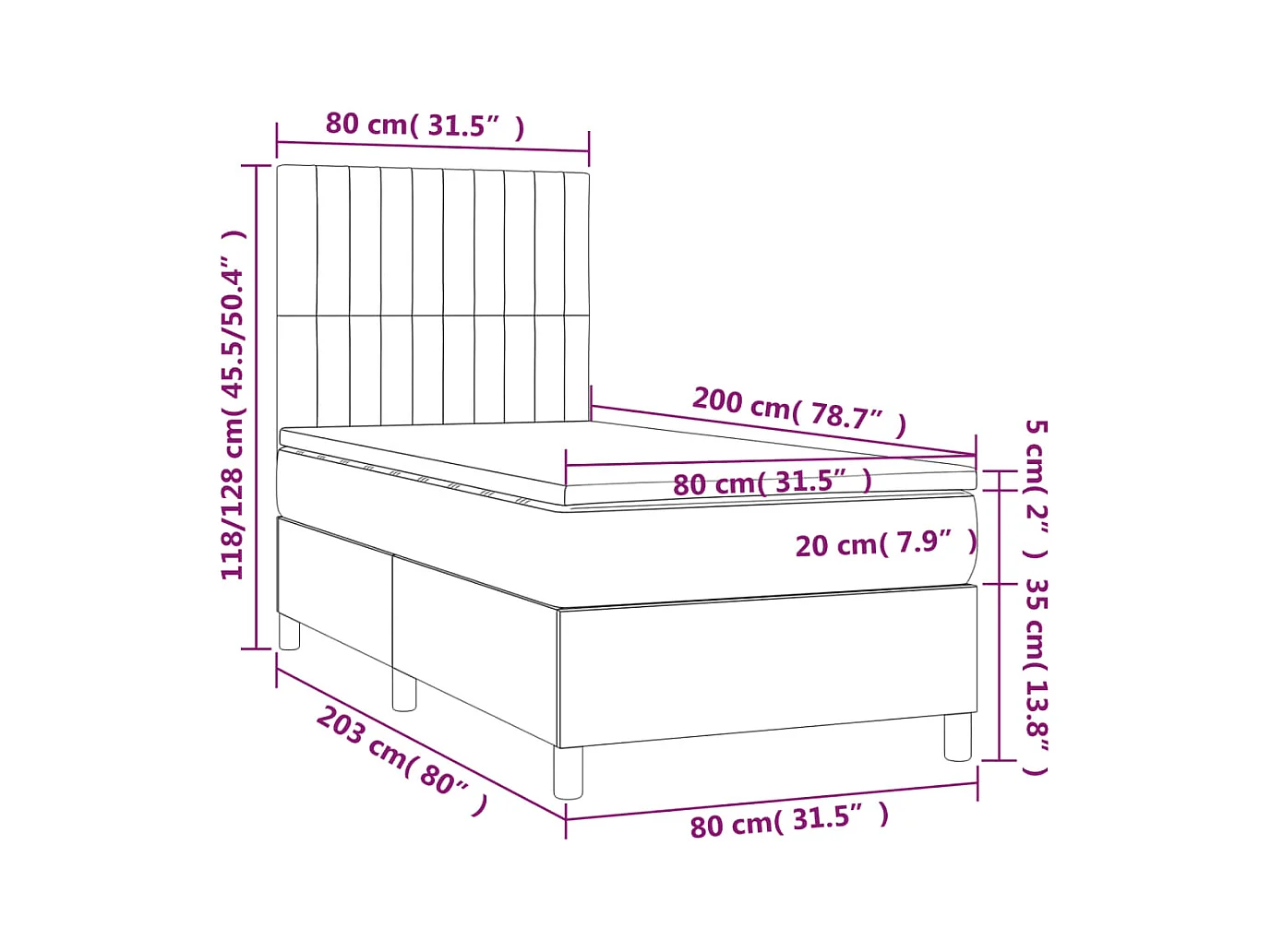 Cama box spring c/ colchão/LED 80x200 cm veludo azul-escuro