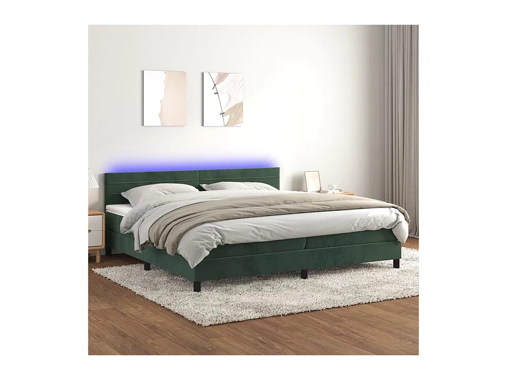 Cama box spring colchón y LED terciopelo verde oscuro 200x200cm