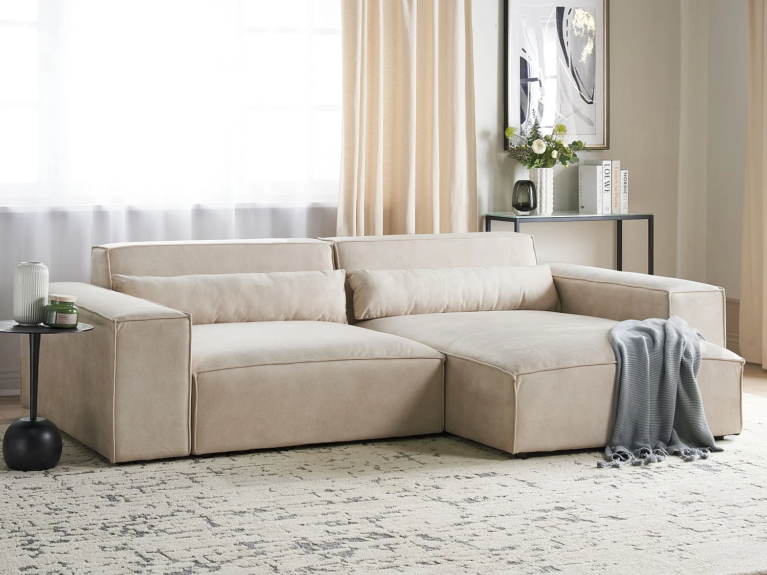 Modul 2-Sitzer Ecksofa Samt beige mit Chaiselongue links Kissen Skandi Hellnar