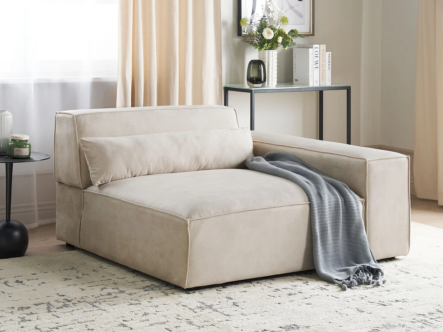 Modul Ecksessel Samt beige mit Armlehne links Dekokissen Eckteil Skandi Hellnar