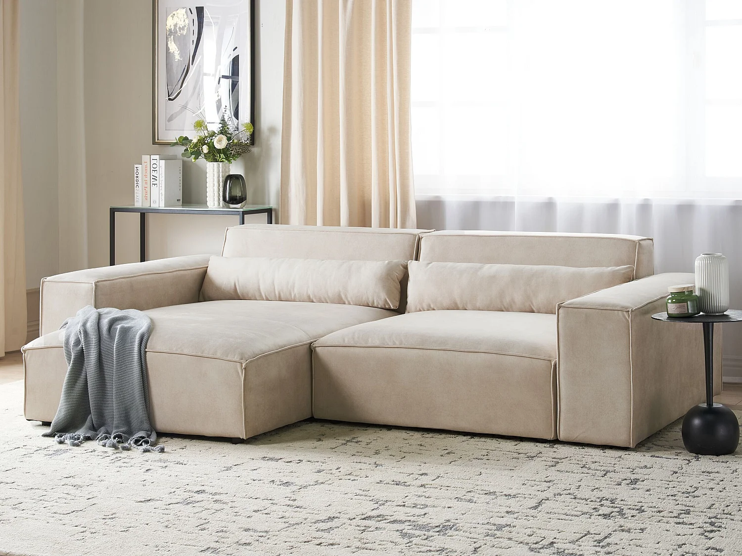 Canapé d'Angle 2 Places Modulable à gauche en Velours Pieds en Métal Beige Hellnar