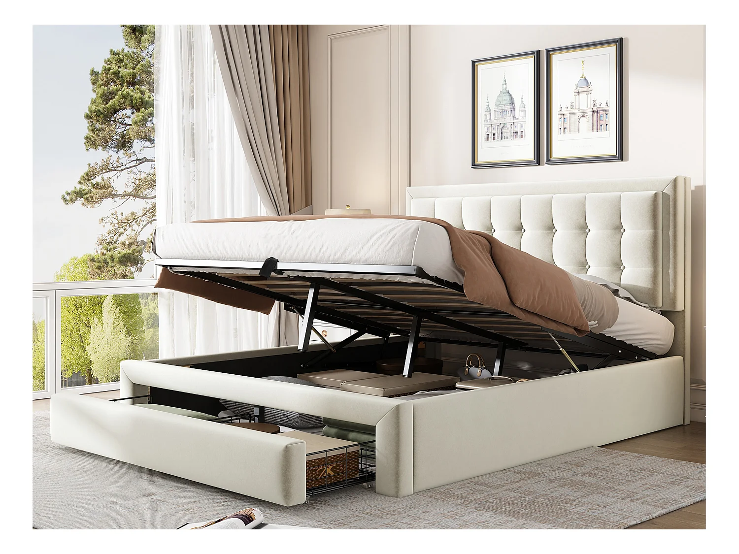 Lit coffre capitonné 140x190cm en velours - avec tiroir et sommier à lattes - Beige(sans matelas)
