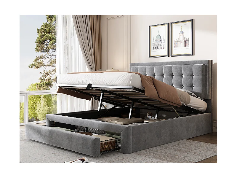 Łóżko tapicerowane 140x190cm z weluru - z szufladą i stelażem na listwy - Szare (bez materaca)