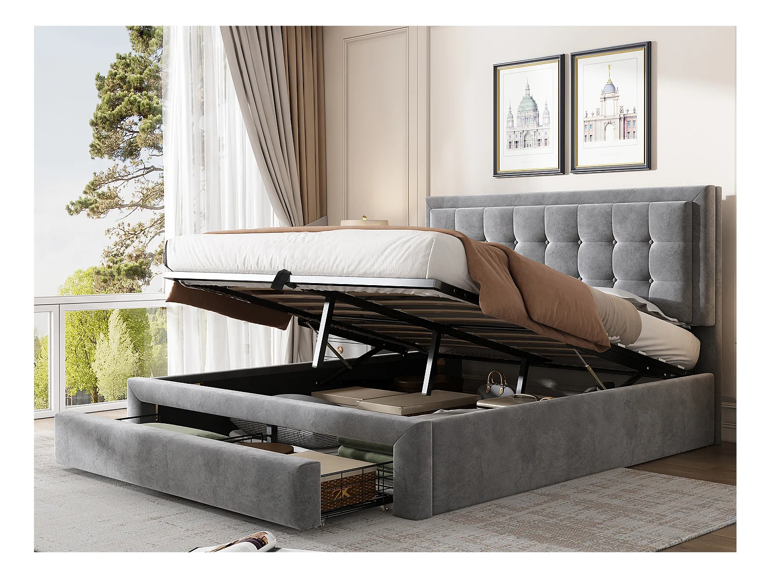 Gepolstertes Stauraumbett 140 x 190 cm aus Samt – mit Schublade und Lattenrost – Grau (ohne Matratze)