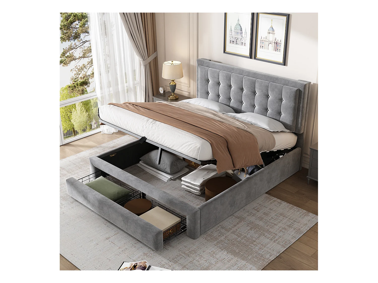 Cama contenedor acolchada 140x190cm en terciopelo - con cajón y somier - Gris (sin colchón)