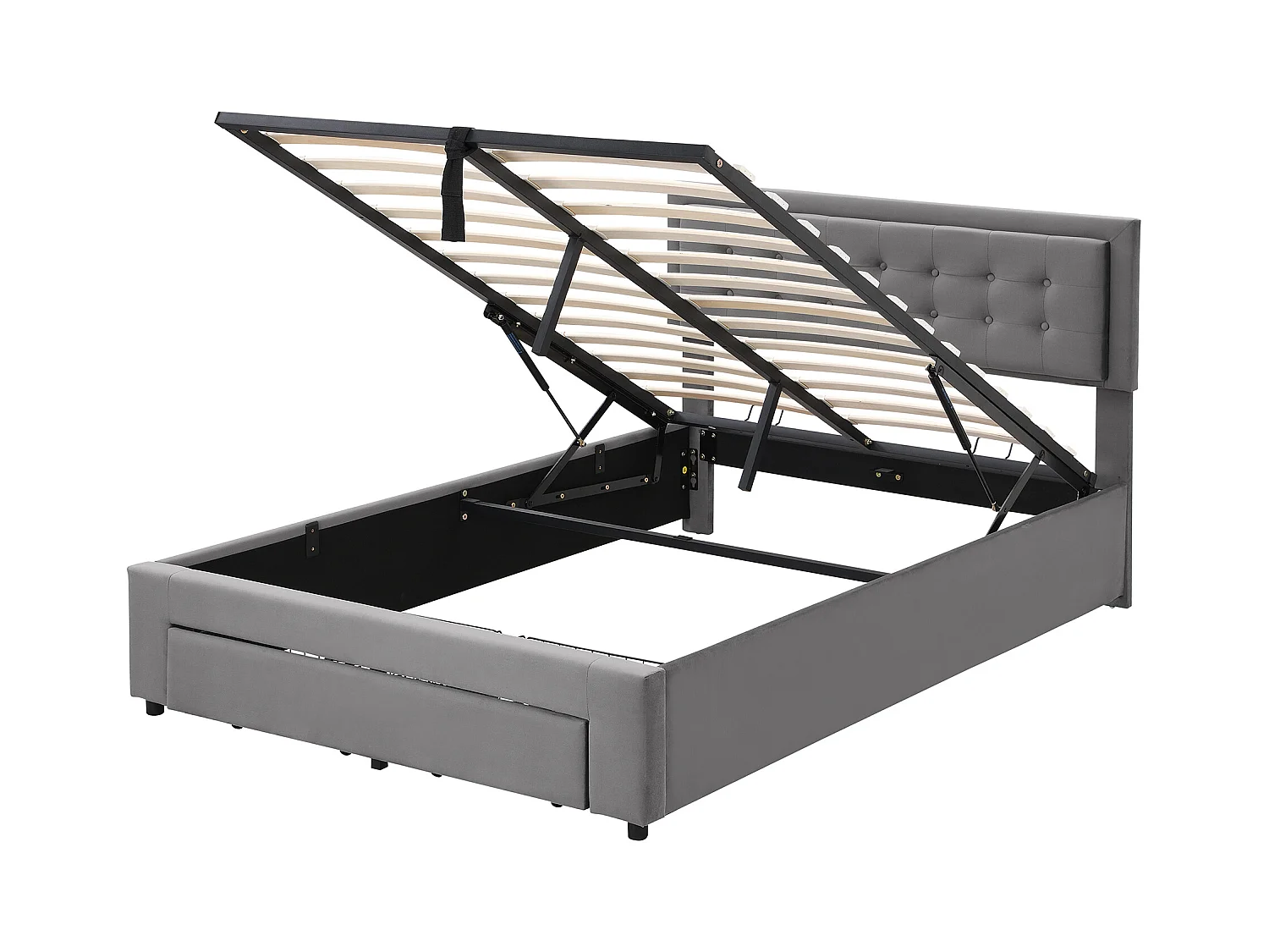 Cama contenedor acolchada 140x190cm en terciopelo - con cajón y somier - Gris (sin colchón)