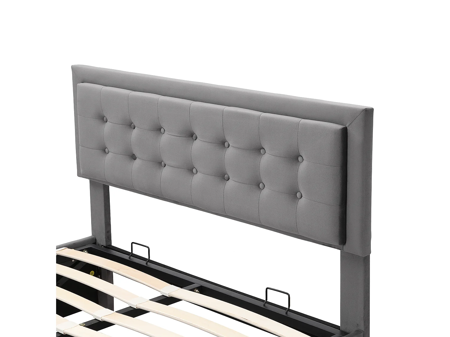 Cama de arrumação almofadada 140x190cm em veludo - com gaveta e base de ripas - Cinzento (sem colchão)