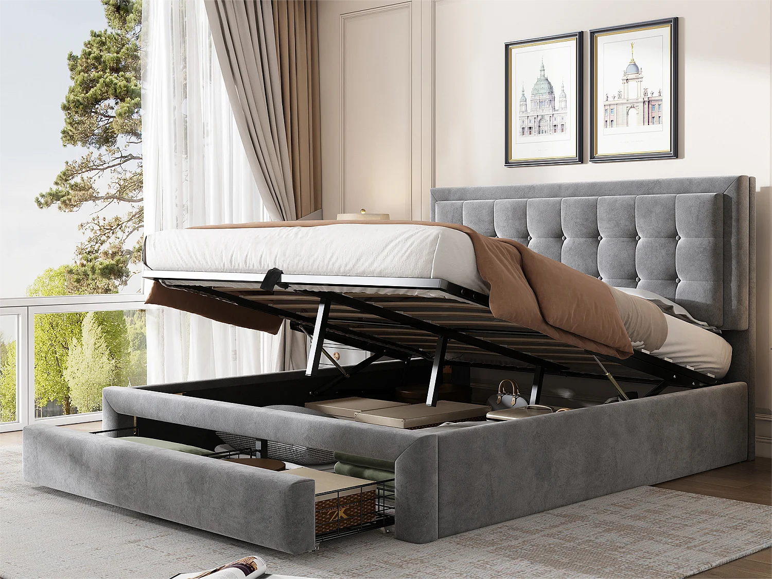 Gepolstertes Stauraumbett 140 x 190 cm aus Samt – mit Schublade und Lattenrost – Grau (ohne Matratze)