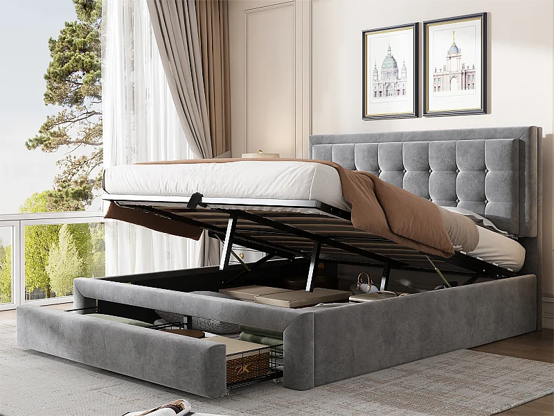 Lit coffre capitonné 140x190cm en velours - avec tiroir et sommier à lattes - Gris (sans matelas)