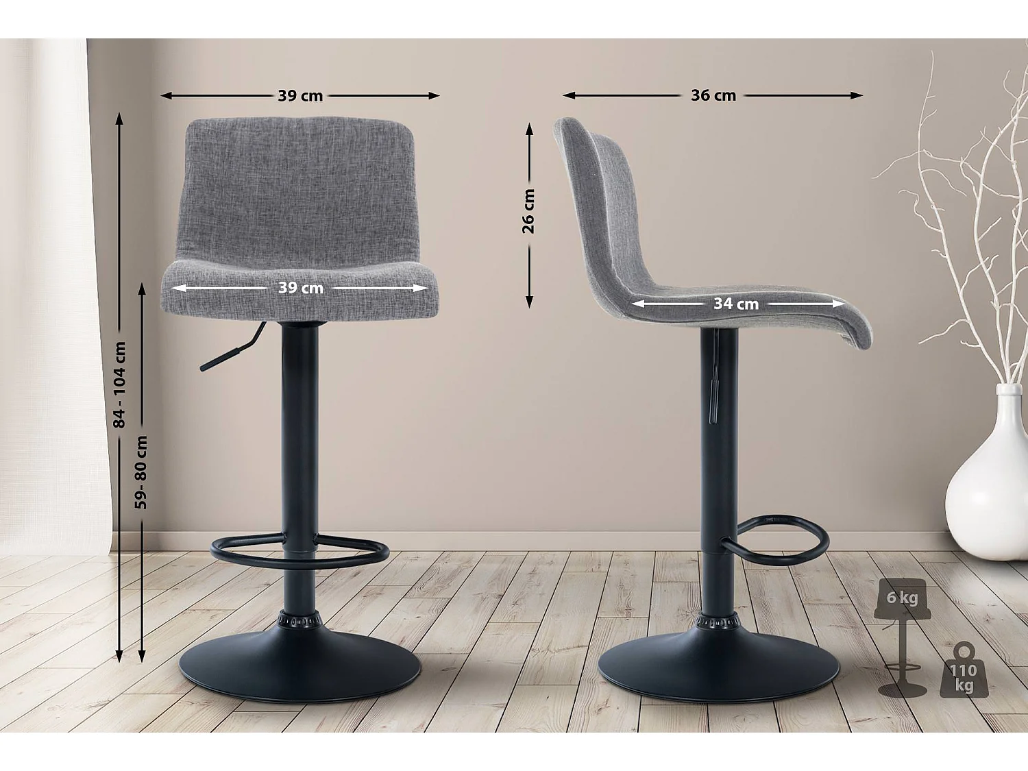Tabouret de bar - Tissu & Métal noir mat - Gris clair - Hover