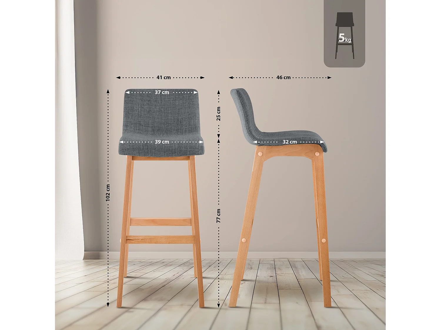 Tabouret de bar - Tissu - Gris clair - Hoover