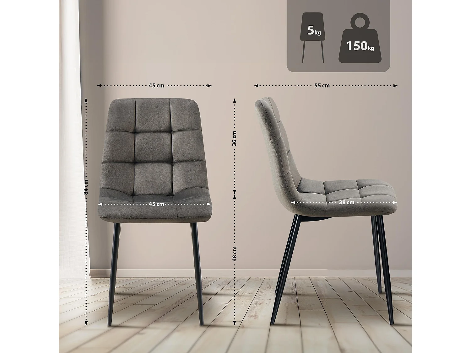 Lot de 4  chaise salle à manger - Velours - Anthracite - Antibes