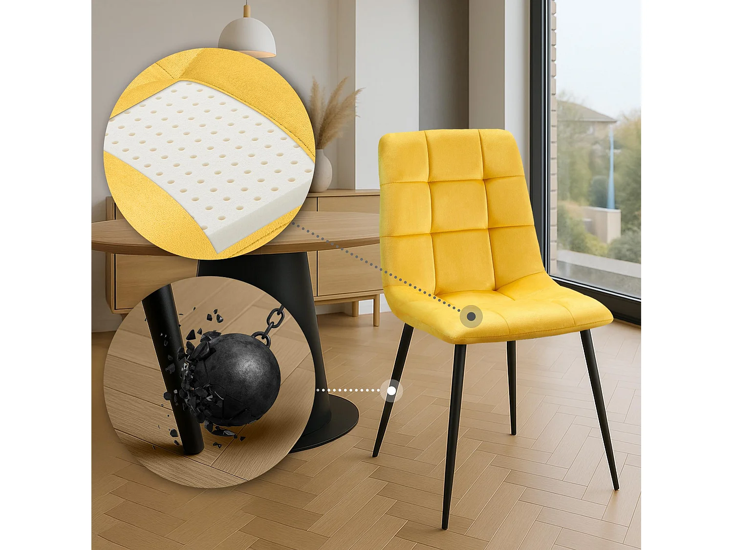 Lot de 4  chaise salle à manger - Velours - Jaune - Antibes