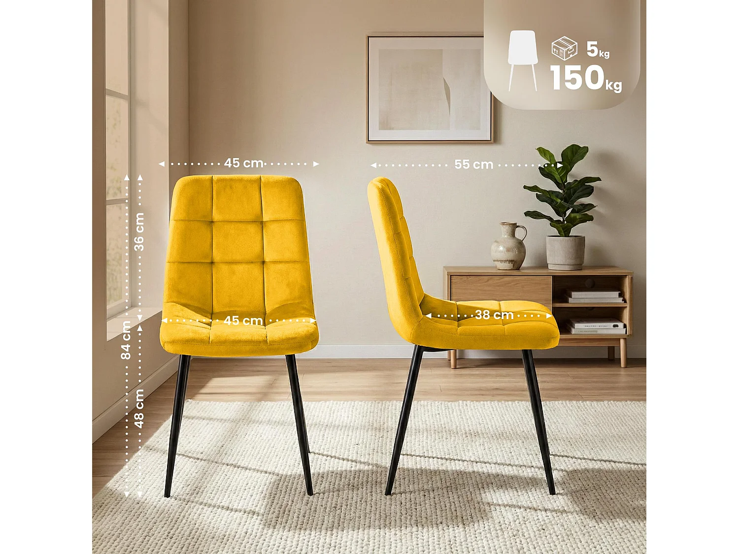 Lot de 4  chaise salle à manger - Velours - Jaune - Antibes