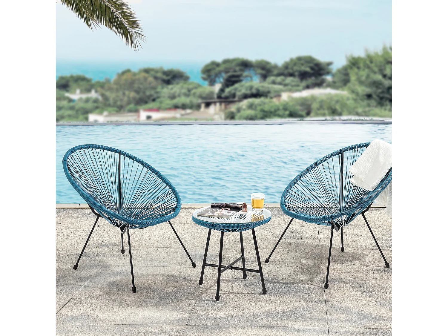 Ensemble de meubles de balcon SVITA BALI Ensemble de salon Relax Egg-Chair en osier Design Bleu