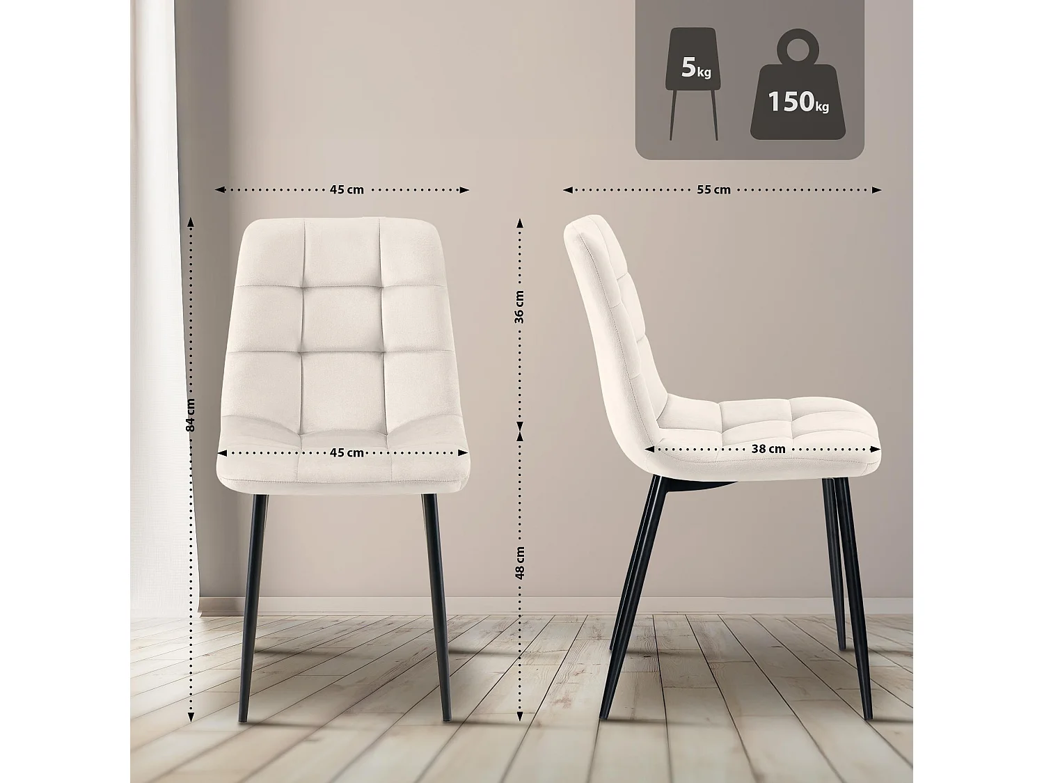 Lot de 2  chaise salle à manger - Velours - Blanc crème - Tilde