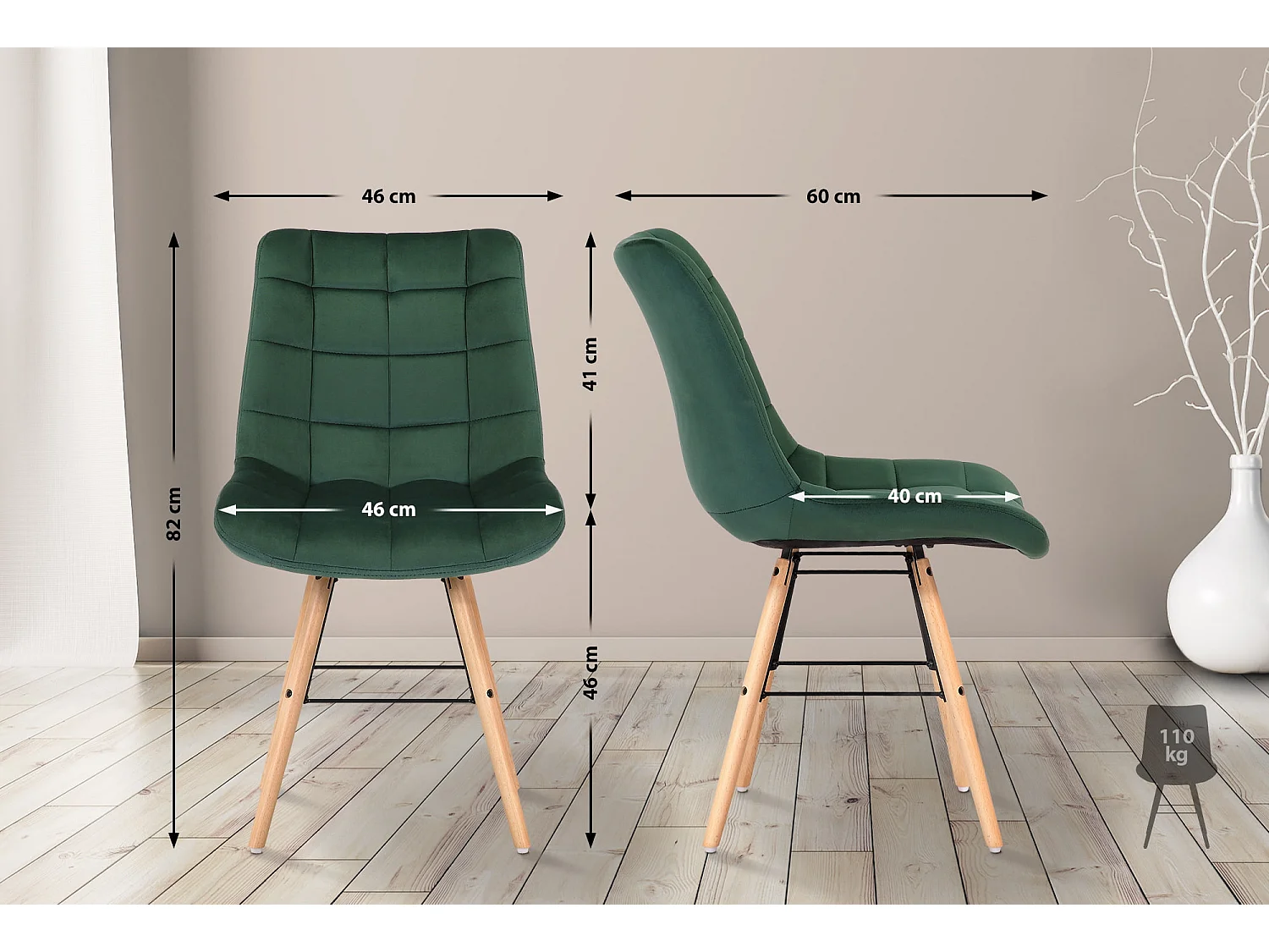 chaise salle à manger - Velours & Bois - Vert - Leni