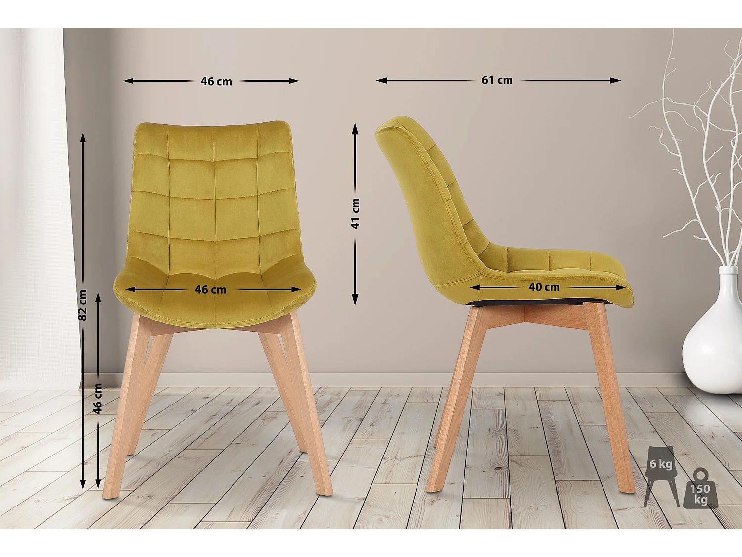 Lot de 2  chaise salle à manger - Velours - Jaune - Passaic