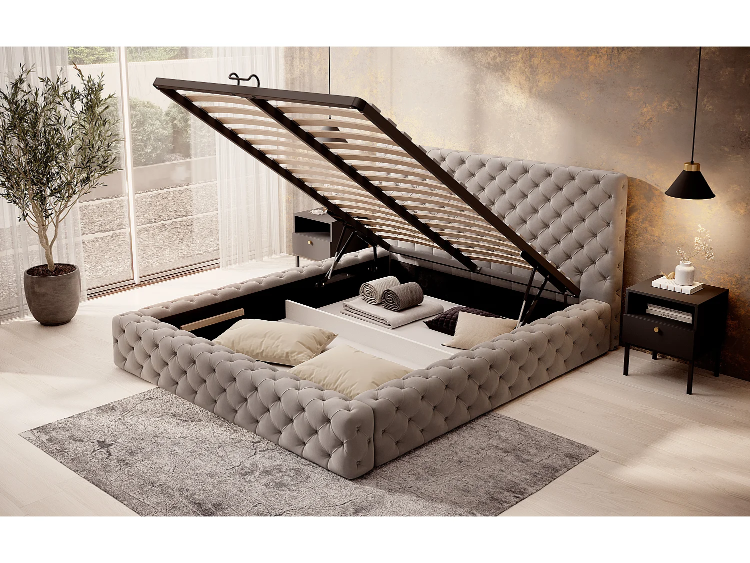 Lit King M (160x200)/Tissu/Beige/En stock