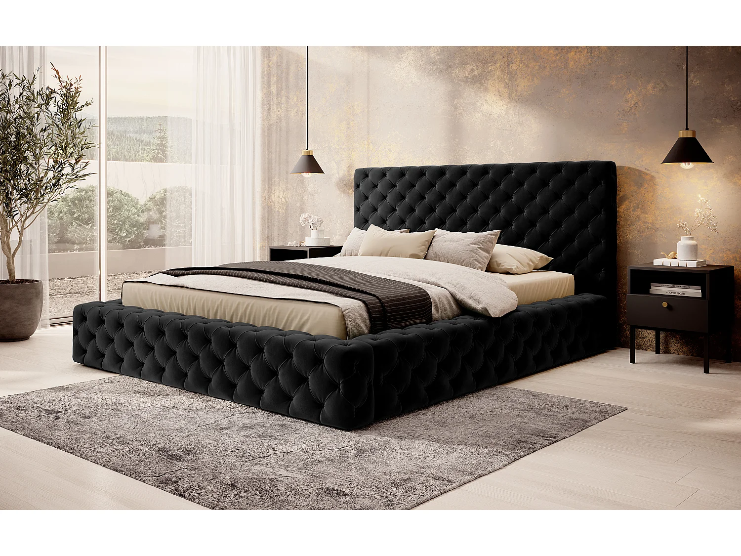 Lit King  L(180x200)/Tissu/Noir/En stock
