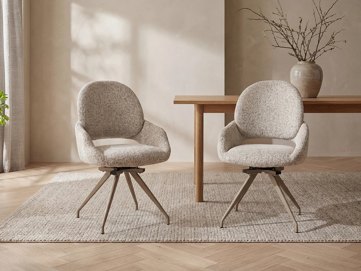 Lot de 2 chaises pivotantes en tissu tweed et métal taupe - Crème - VALIANA