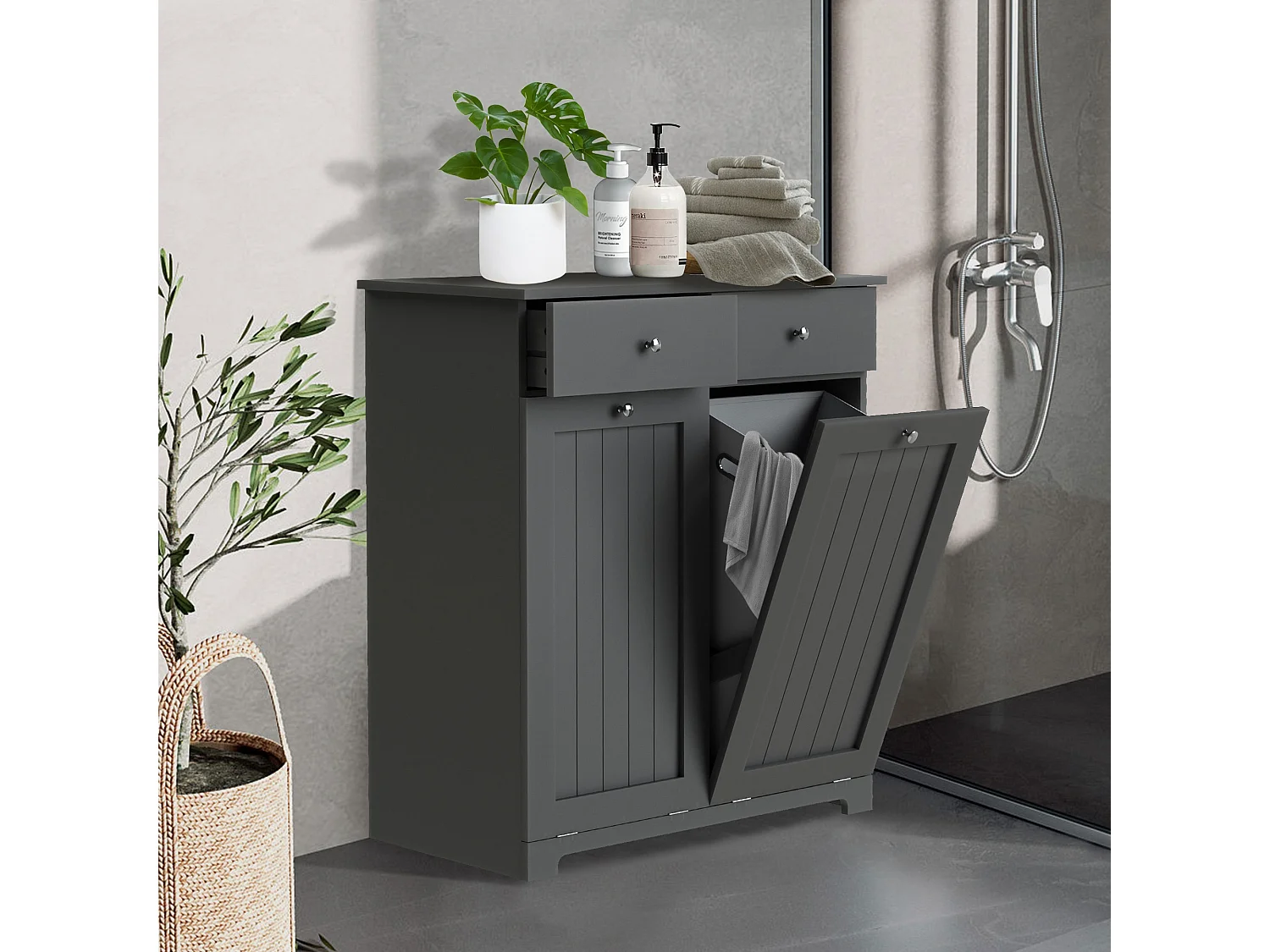 Mueble gris de lavadero armario para colada con 2 compartimentos y 2 cajones