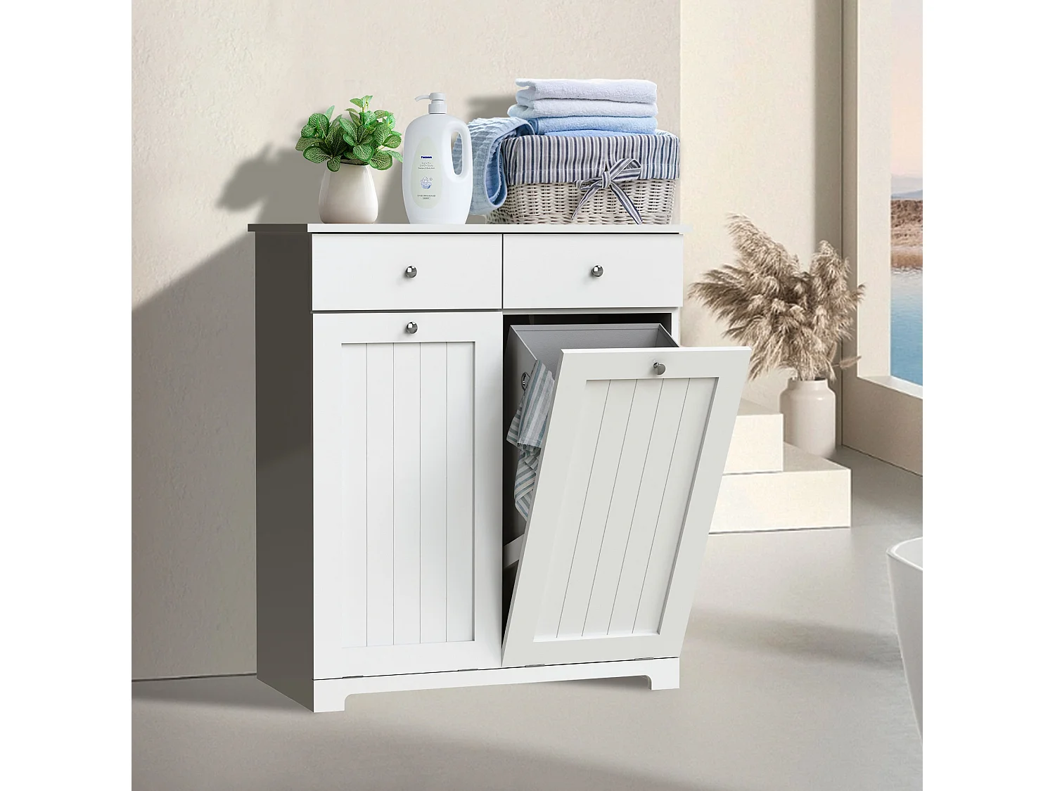 Mueble blanco de lavadero armario para colada con 2 compartimentos y 2 cajones