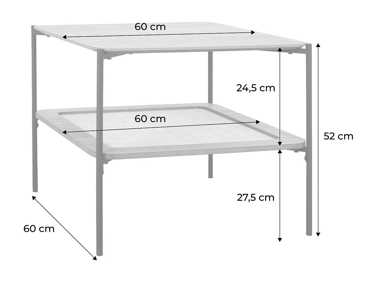Mesa de centro cuadrada con tablero doble efecto madera y caña negro